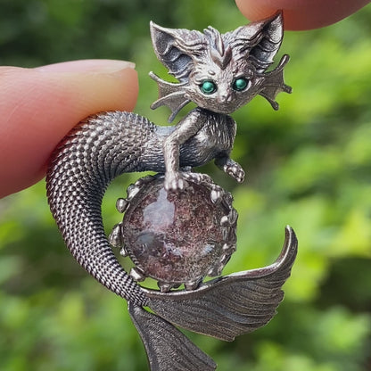 Mermaid Cat Pendant with Phantom Quartz in Oxidized 925 Silver, Fantasy Vintage Jewelry Gift for Her, Mystical Animal Necklace