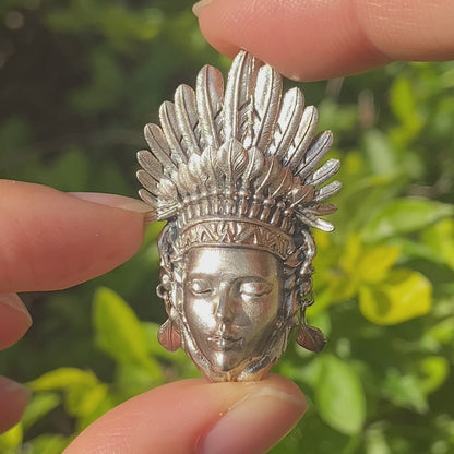 Handcrafted Face Pendant in Oxidized 925 Silver with Feather Crown | Tribal & Gothic Style | Gift for Women | Statement Jewelry