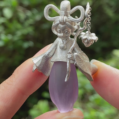 Amethyst Pendant in 925 Sterling Silver – Hanfu Girl Necklace with Bud Flower Design | Fantasy Asian Totem Jewelry | Gift for Her