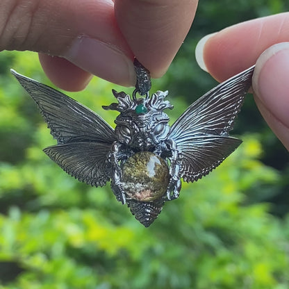 Silver Moth Pendant with Phantom Quartz, Green Zirconia and Natural Stone, Handcrafted Gothic Fantasy Jewelry Gift for Women