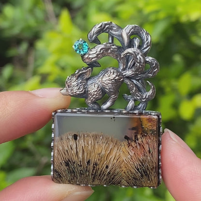 925 Silver Pendant with One-of-a-Kind Moss Agate, Oxidized Totem Animal Necklace, Nature Talisman Jewelry, Unique Gift for Her