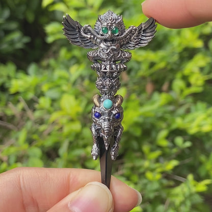 Totem pendant in 925 silver with turquoise and onyx · Spiritual gothic tribal jewelry in symbolic style · Gift for men or artists