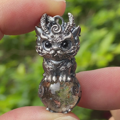 Totem Pendant with Phantom Quartz and Black Agate in 925 Silver, Handmade Fantasy Animal Jewelry in Gothic Vintage Style, Gift for Her