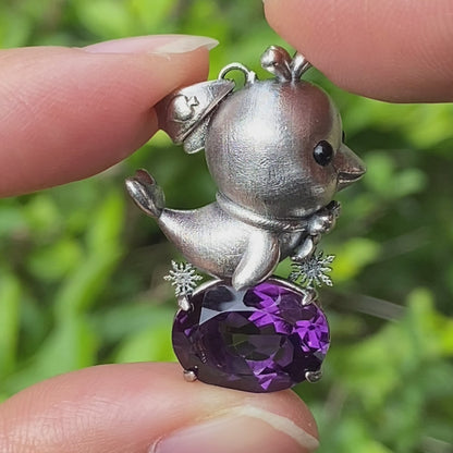 Dolphin Necklace in 925 Sterling Silver with Purple Amethyst, Handmade Jewelry in Vintage Animal Fairytale Style, Ideal Gift for Women