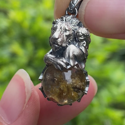 Totem Pendant in 925 Sterling Silver with Lion and Girl Figure, Handmade Talisman with Phantom Quartz Stone, Unique Gift for Men