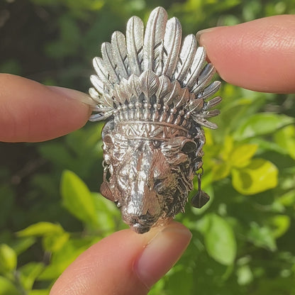 Handcrafted Lion Head Pendant in Oxidized 925 Silver with Feather Crown in Tribal Style, Bold Gift for Men, Women, Spiritual Wear