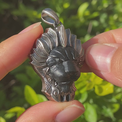 Lion Pendant in 925 Silver with Hand Carved Black Jade, Totem Style Fantasy Necklace, Symbolic Jewelry Gift for Men and Women
