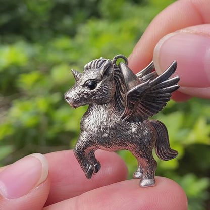 925 Silver Unicorn Pendant with Onyx Eyes, Pegasus Gothic Necklace Handmade Fantasy Jewelry, Gift for Women Birthday or Christmas