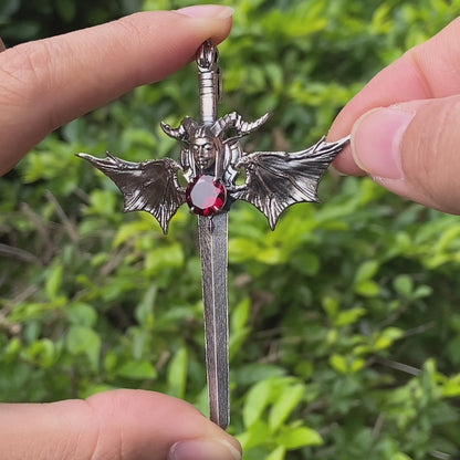 Gothic Sword Pendant in 925 Silver with Garnet Gemstone, Oxidized Vintage Design, Unisex Necklace as Birthday Gift