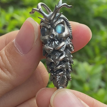 Labradorite Pendant in Silver Insect Form, Handmade Talisman with Movable Body, Gothic Jewelry Gift for Men