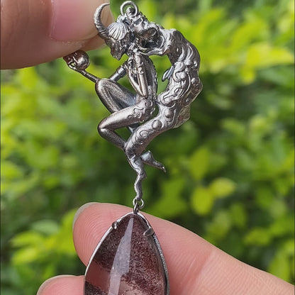 925 Silver Pendant with Lodolith Crystal Drop, Gothic Fantasy Jewelry, Oxidized Silver, Talisman Pendant for Self-Reflection, Gift for Her