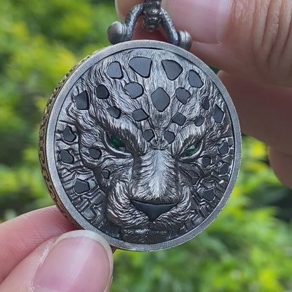 Sterling Silver Leopard Head Pendant with Black Jade, Green Zircon Eyes and Lapis Lazuli, Gothic Totem Necklace Gift for Men