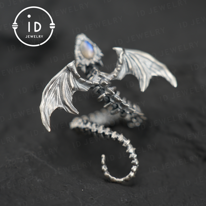 Drachenring mit Phantomquarz | Handgefertigter Gothic-Schmuck | Mystischer Knochenring | Fantasy-Drachenring | Magischer Silberring 