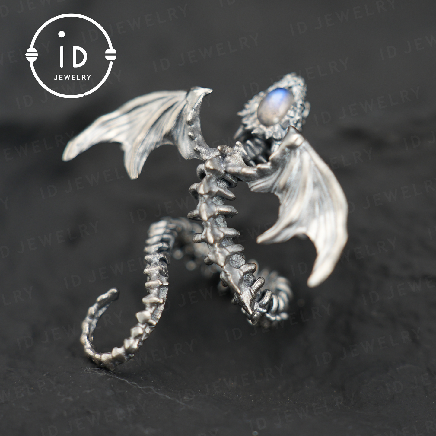 Drachenring mit Phantomquarz | Handgefertigter Gothic-Schmuck | Mystischer Knochenring | Fantasy-Drachenring | Magischer Silberring 