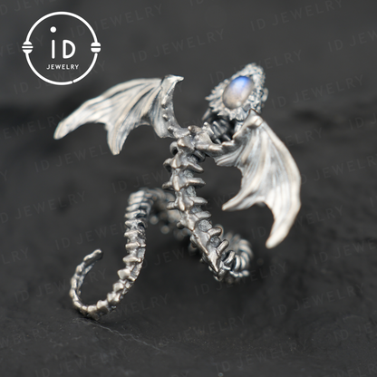 Drachenring mit Phantomquarz | Handgefertigter Gothic-Schmuck | Mystischer Knochenring | Fantasy-Drachenring | Magischer Silberring 