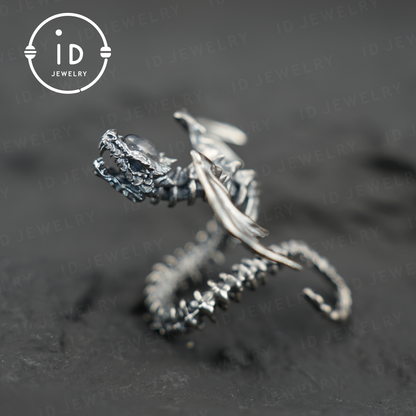 Drachenring mit Phantomquarz | Handgefertigter Gothic-Schmuck | Mystischer Knochenring | Fantasy-Drachenring | Magischer Silberring 