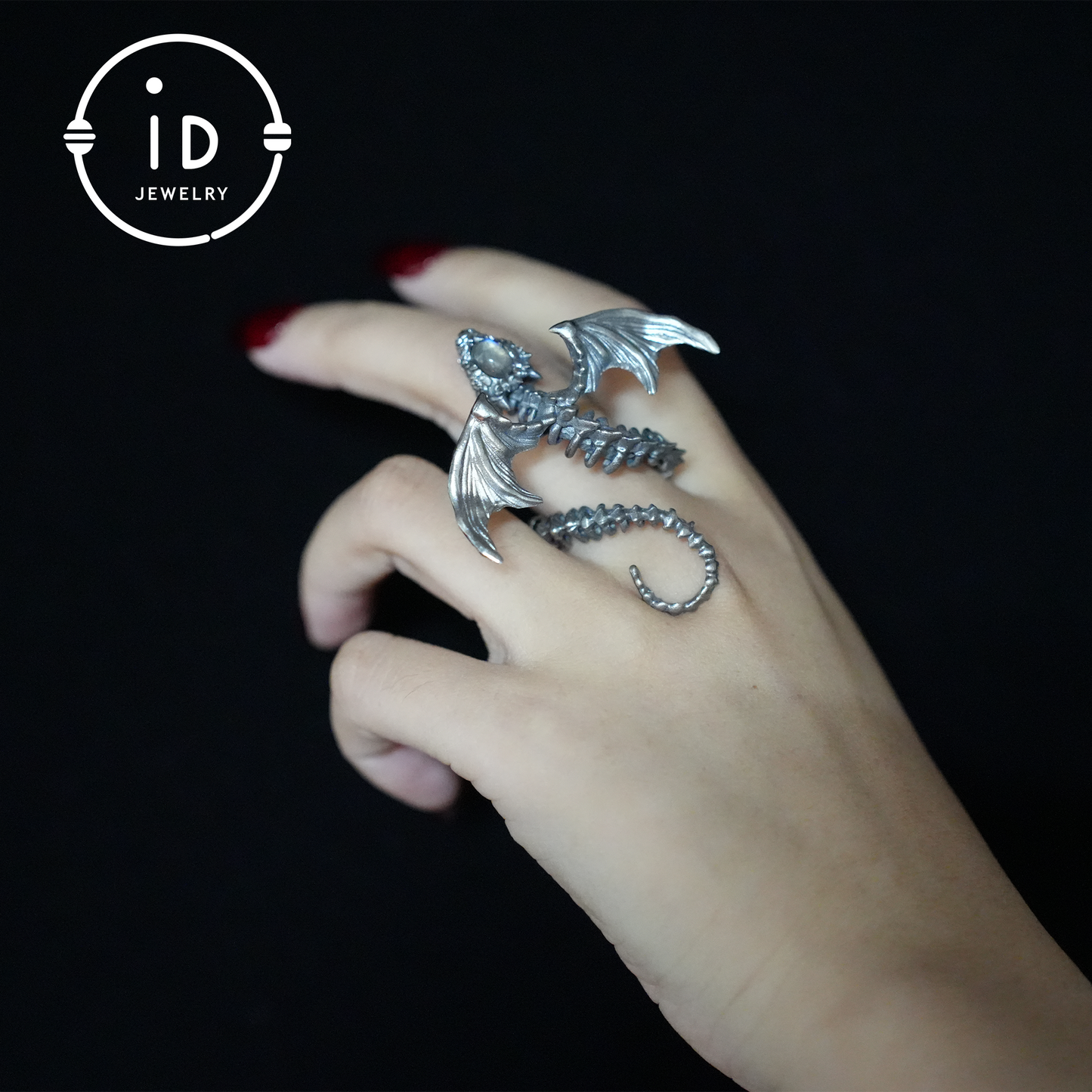 Drachenring mit Phantomquarz | Handgefertigter Gothic-Schmuck | Mystischer Knochenring | Fantasy-Drachenring | Magischer Silberring 