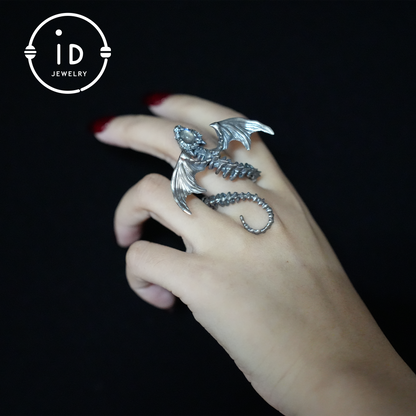 Drachenring mit Phantomquarz | Handgefertigter Gothic-Schmuck | Mystischer Knochenring | Fantasy-Drachenring | Magischer Silberring 