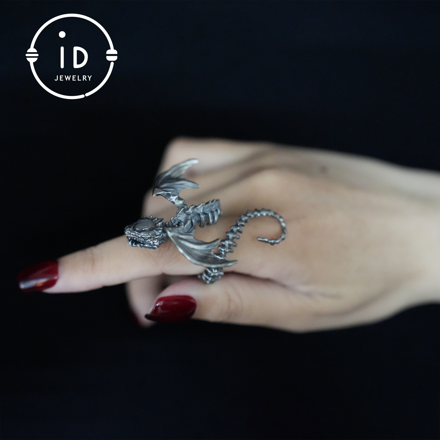 Drachenring mit Phantomquarz | Handgefertigter Gothic-Schmuck | Mystischer Knochenring | Fantasy-Drachenring | Magischer Silberring 